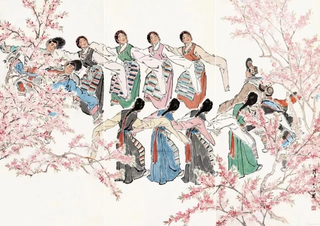 葉淺予高原之春紙本設(shè)色211cm×98cm、211cm×105cm、211cm×98cm1964年
